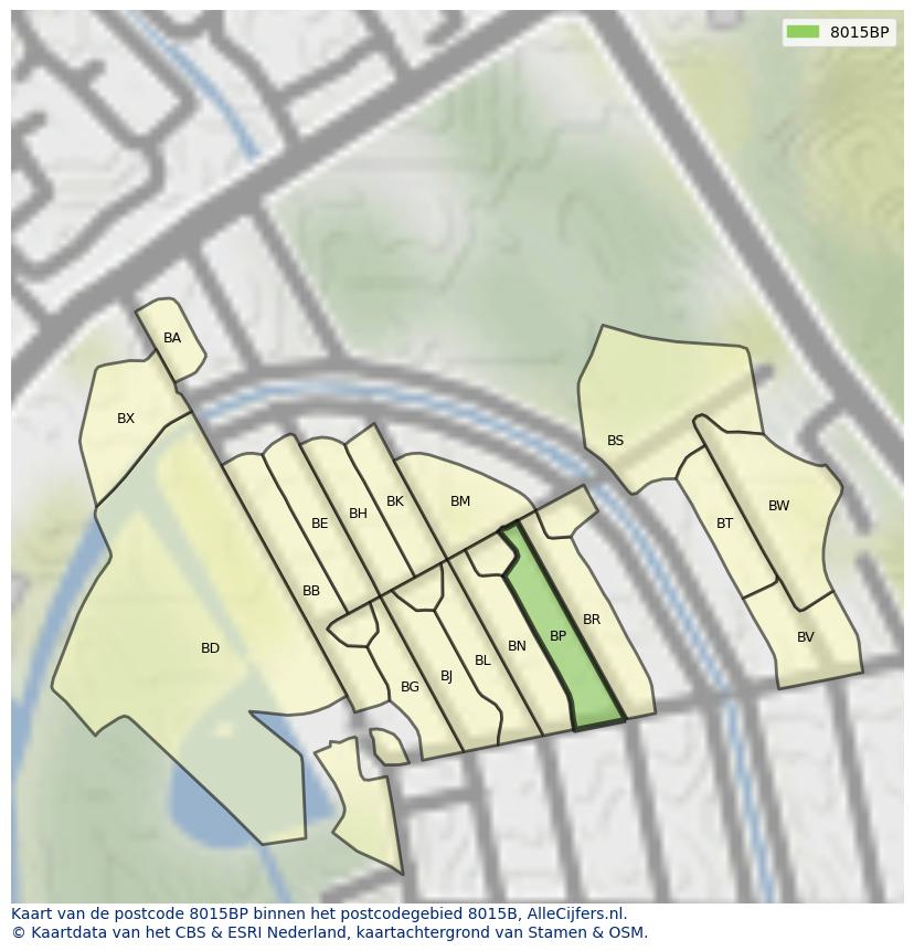 Afbeelding van het postcodegebied 8015 BP op de kaart.