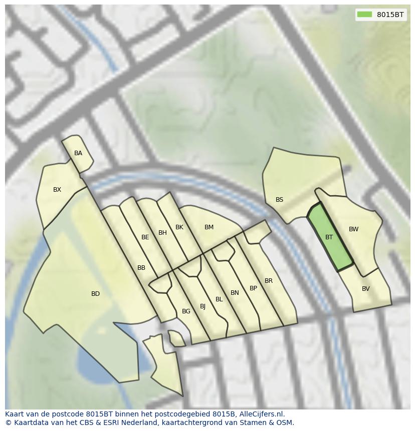 Afbeelding van het postcodegebied 8015 BT op de kaart.