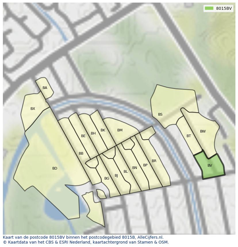 Afbeelding van het postcodegebied 8015 BV op de kaart.