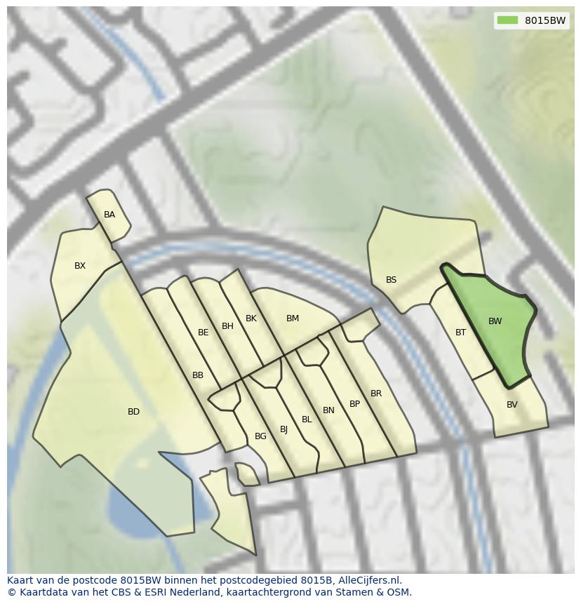 Afbeelding van het postcodegebied 8015 BW op de kaart.