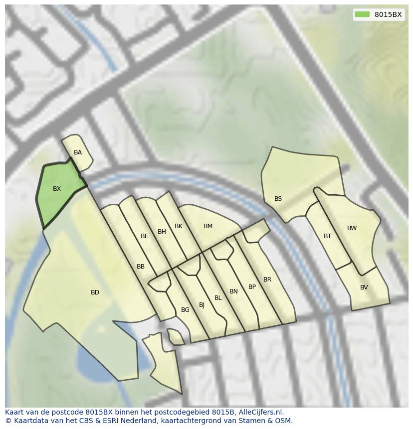 Afbeelding van het postcodegebied 8015 BX op de kaart.