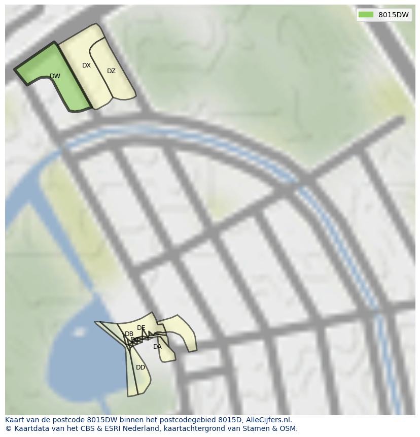 Afbeelding van het postcodegebied 8015 DW op de kaart.
