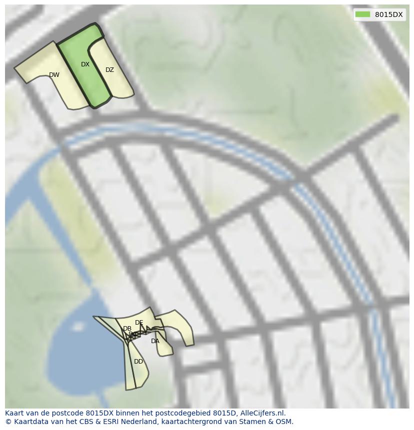 Afbeelding van het postcodegebied 8015 DX op de kaart.