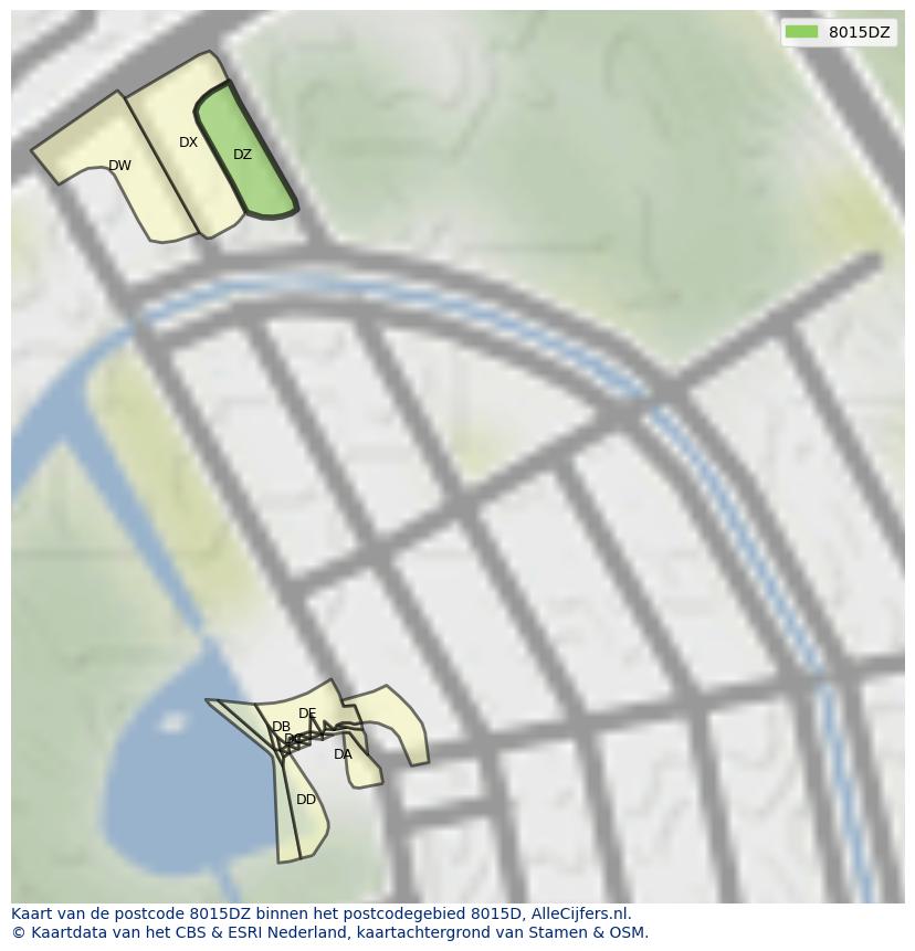 Afbeelding van het postcodegebied 8015 DZ op de kaart.