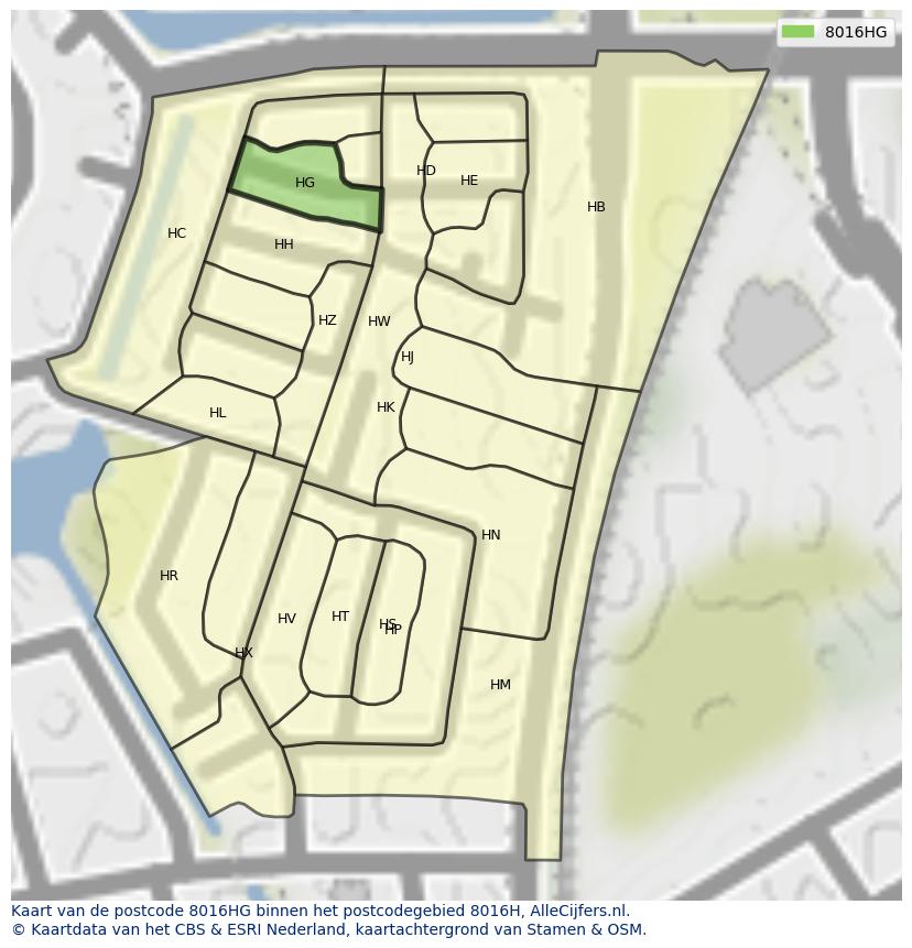 Afbeelding van het postcodegebied 8016 HG op de kaart.