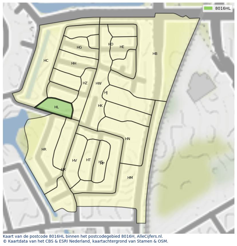 Afbeelding van het postcodegebied 8016 HL op de kaart.