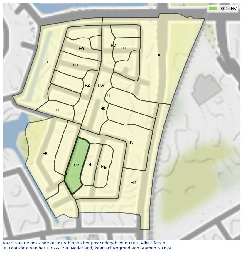 Afbeelding van het postcodegebied 8016 HV op de kaart.