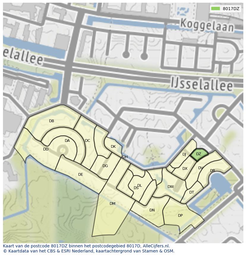 Afbeelding van het postcodegebied 8017 DZ op de kaart.