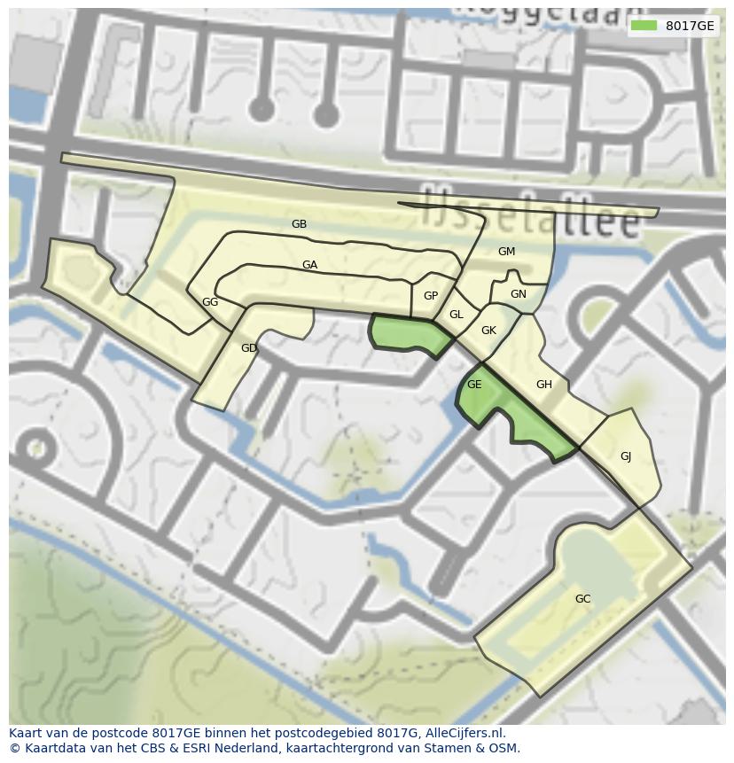 Afbeelding van het postcodegebied 8017 GE op de kaart.