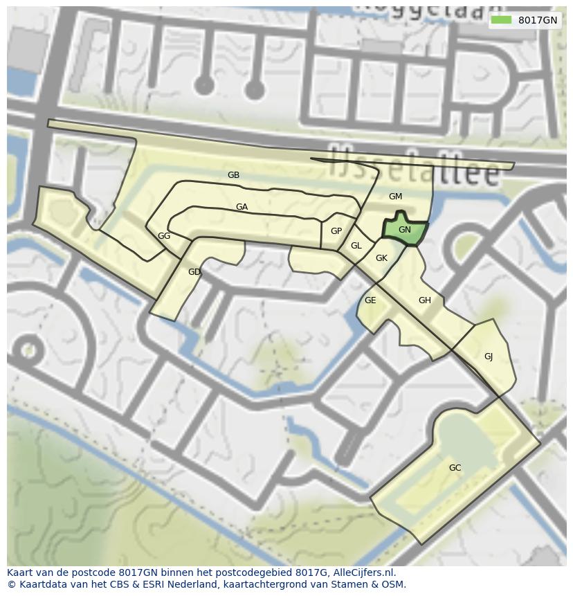 Afbeelding van het postcodegebied 8017 GN op de kaart.