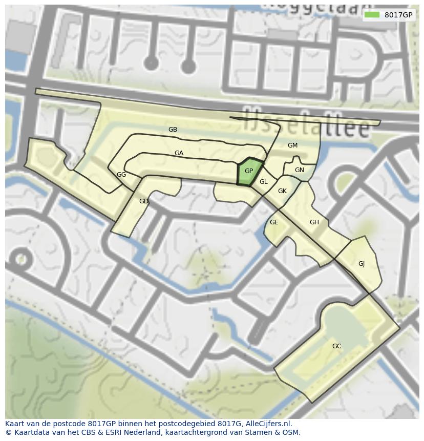 Afbeelding van het postcodegebied 8017 GP op de kaart.