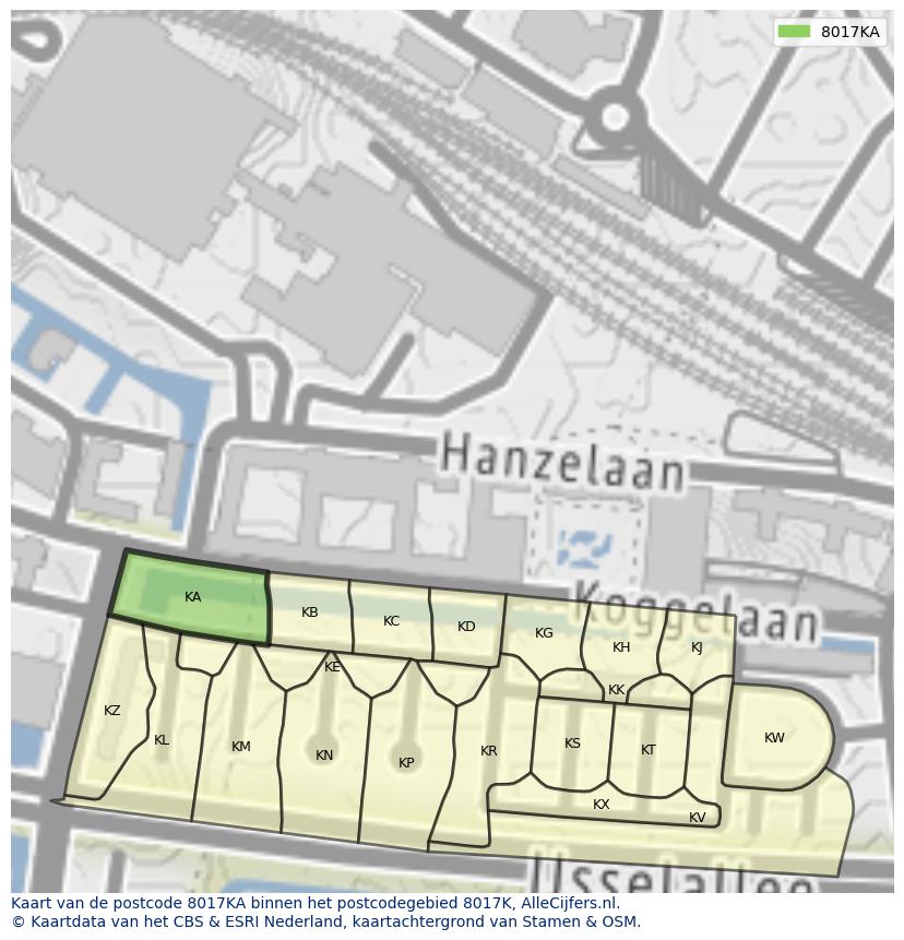 Afbeelding van het postcodegebied 8017 KA op de kaart.