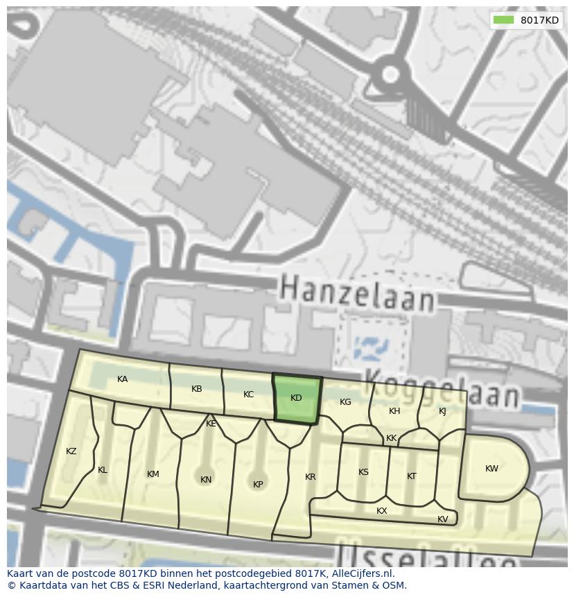 Afbeelding van het postcodegebied 8017 KD op de kaart.