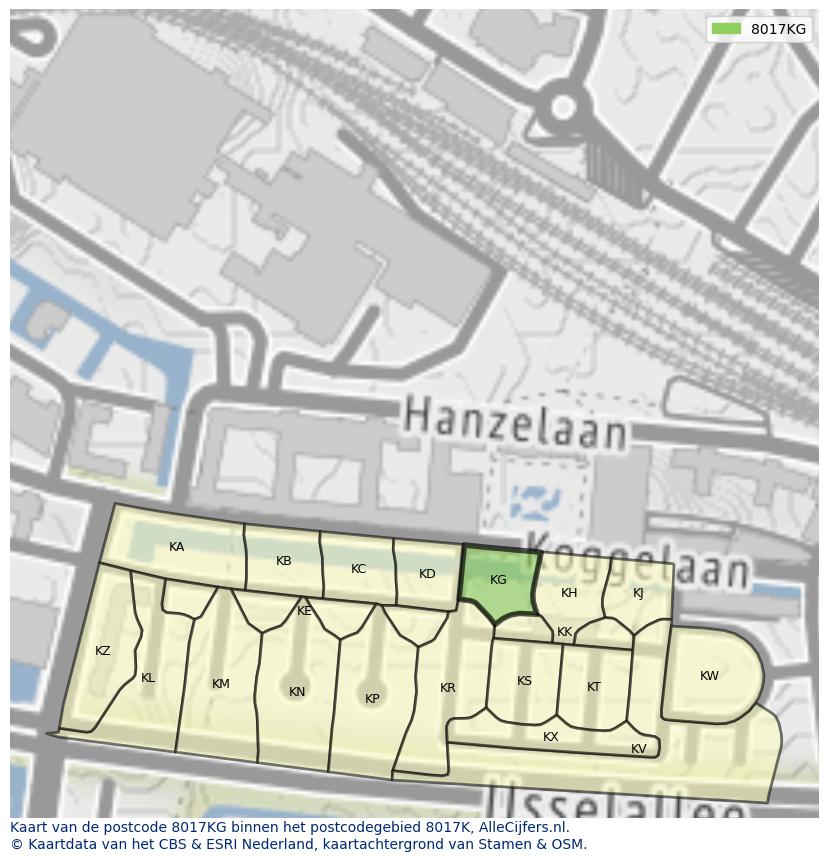 Afbeelding van het postcodegebied 8017 KG op de kaart.
