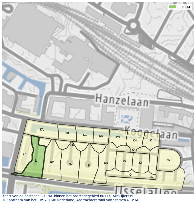 Afbeelding van het postcodegebied 8017 KL op de kaart.