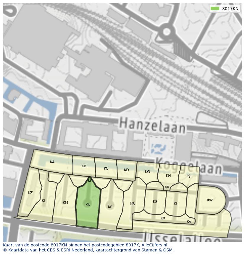 Afbeelding van het postcodegebied 8017 KN op de kaart.