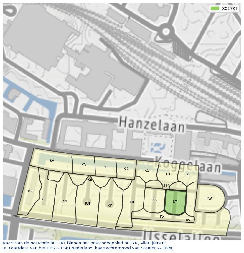 Afbeelding van het postcodegebied 8017 KT op de kaart.