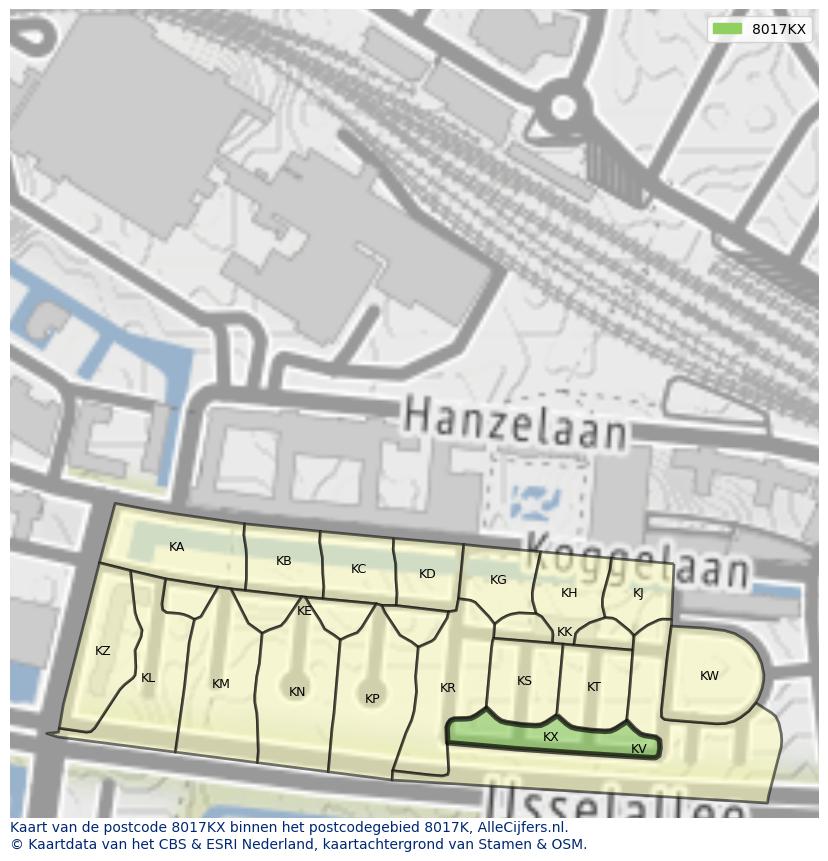 Afbeelding van het postcodegebied 8017 KX op de kaart.