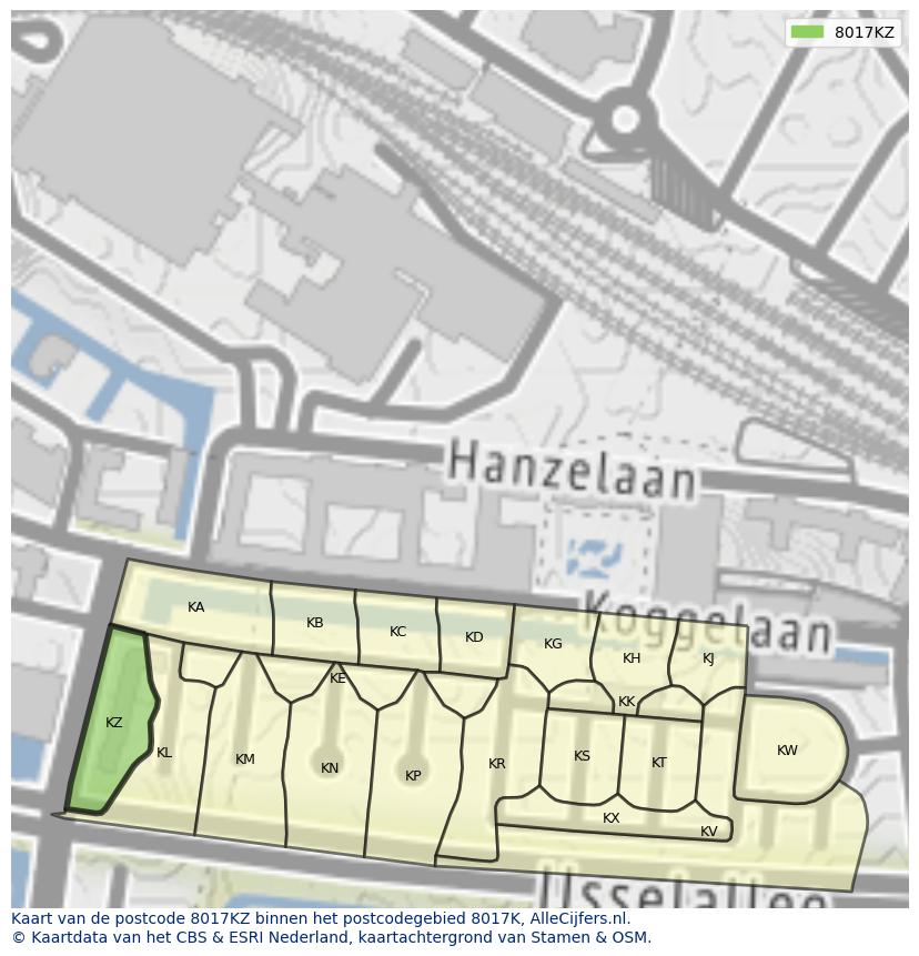Afbeelding van het postcodegebied 8017 KZ op de kaart.