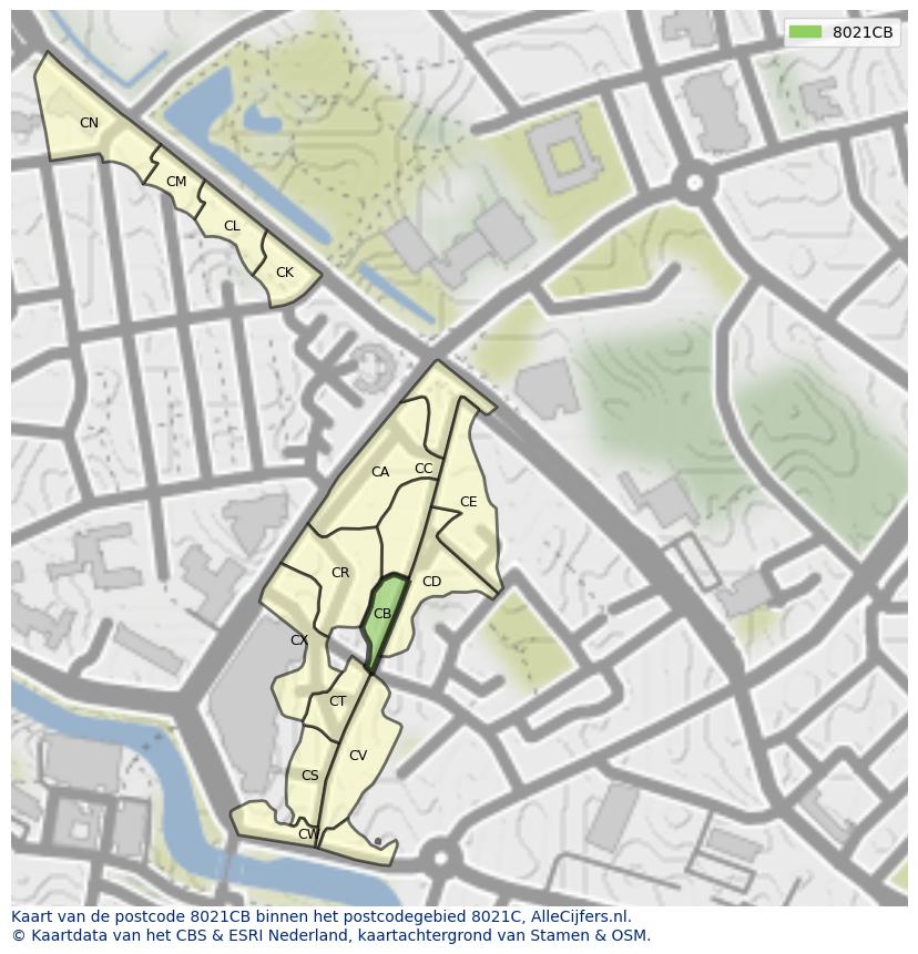Afbeelding van het postcodegebied 8021 CB op de kaart.