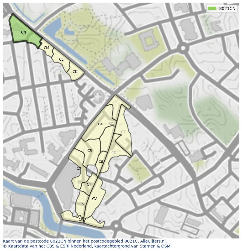 Afbeelding van het postcodegebied 8021 CN op de kaart.