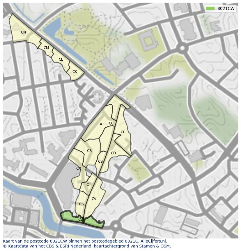 Afbeelding van het postcodegebied 8021 CW op de kaart.