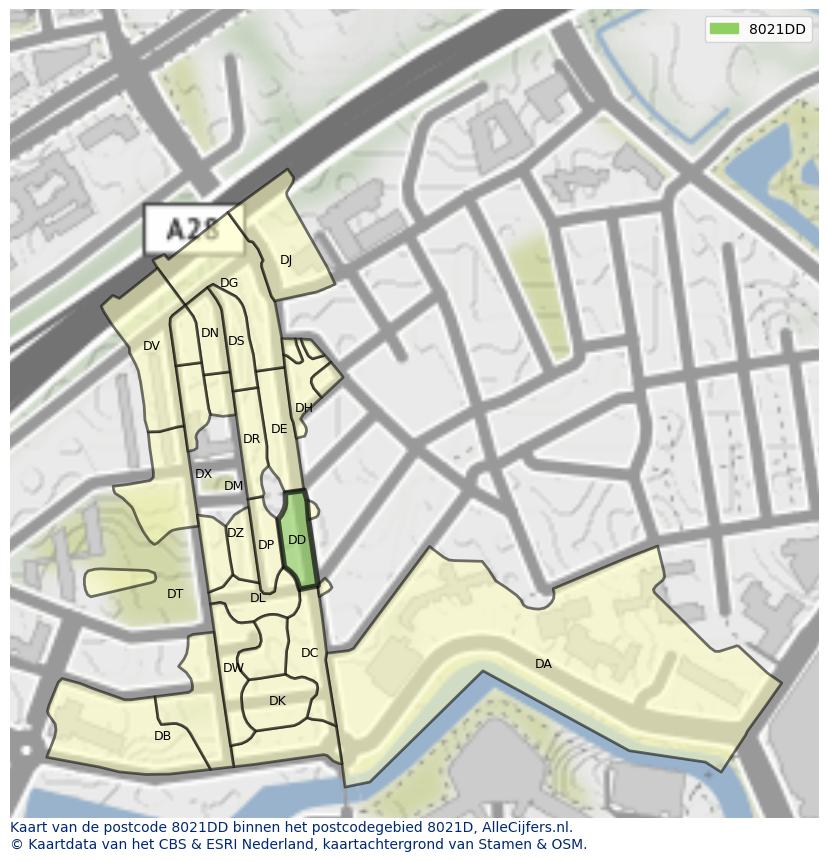 Afbeelding van het postcodegebied 8021 DD op de kaart.