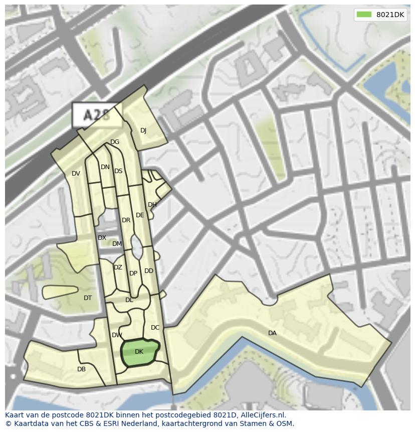 Afbeelding van het postcodegebied 8021 DK op de kaart.