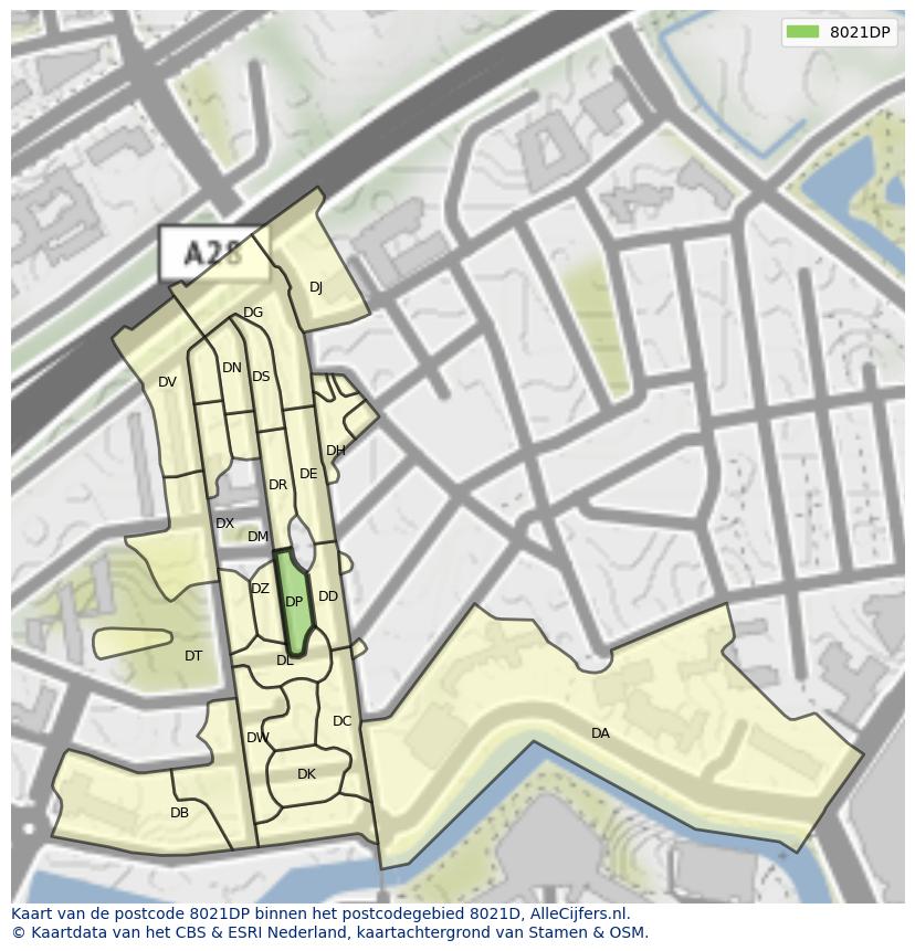 Afbeelding van het postcodegebied 8021 DP op de kaart.