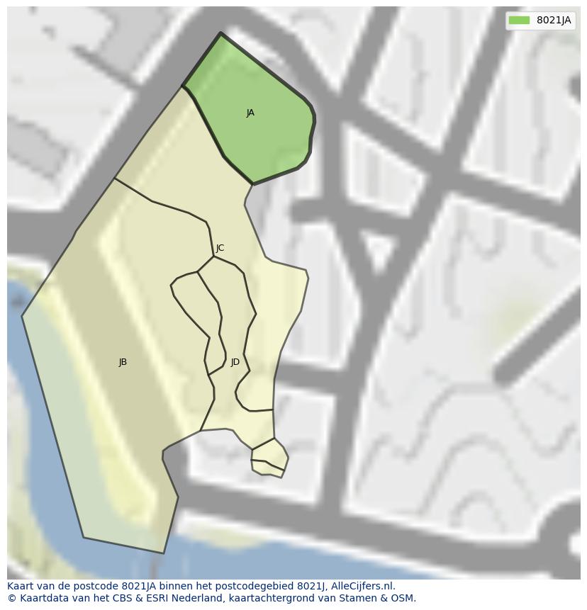Afbeelding van het postcodegebied 8021 JA op de kaart.