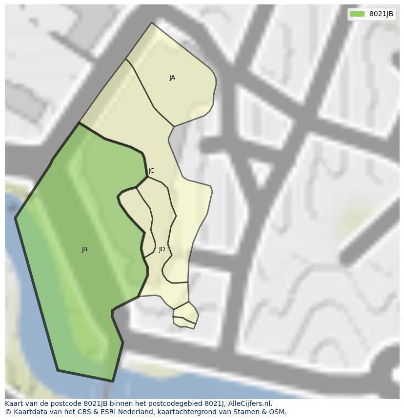 Afbeelding van het postcodegebied 8021 JB op de kaart.
