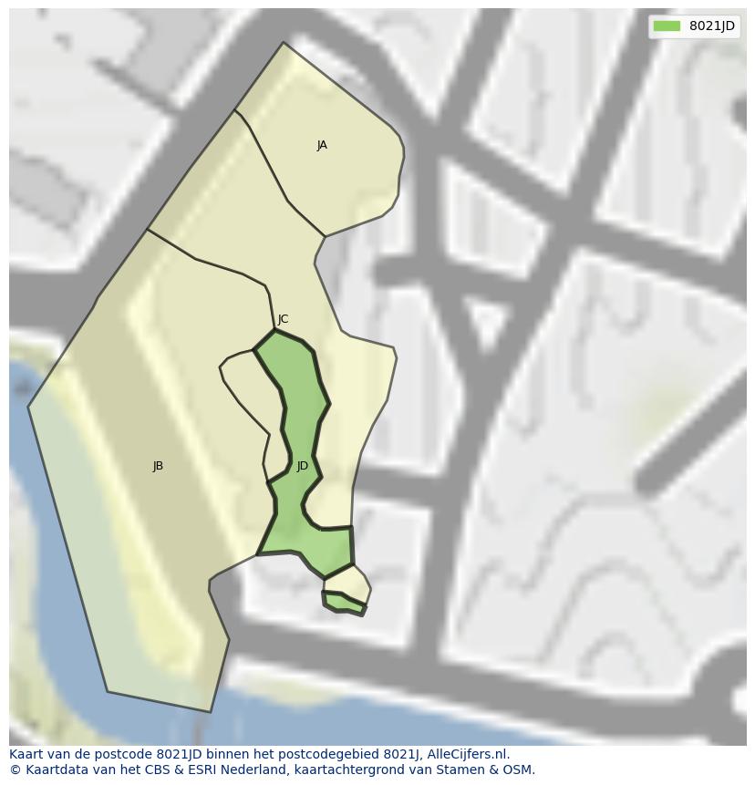 Afbeelding van het postcodegebied 8021 JD op de kaart.