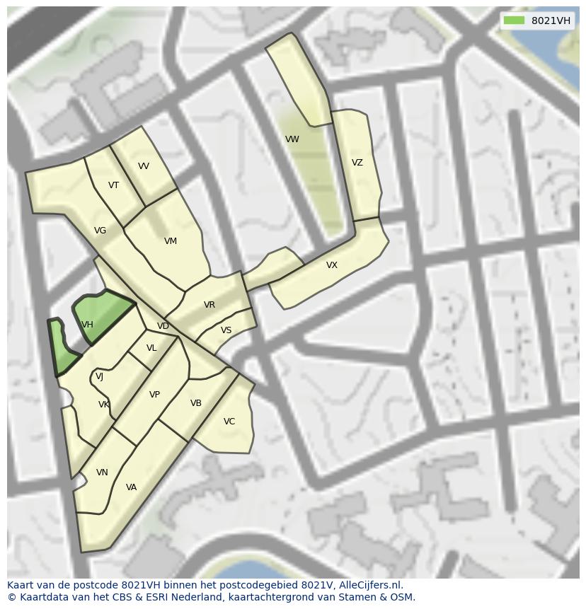 Afbeelding van het postcodegebied 8021 VH op de kaart.