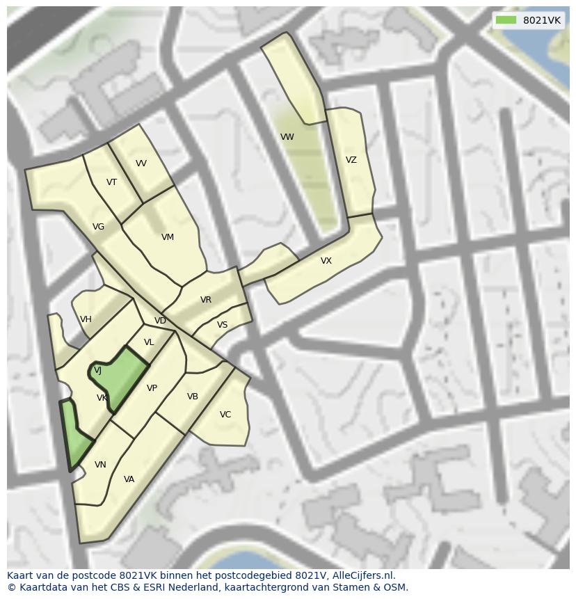 Afbeelding van het postcodegebied 8021 VK op de kaart.