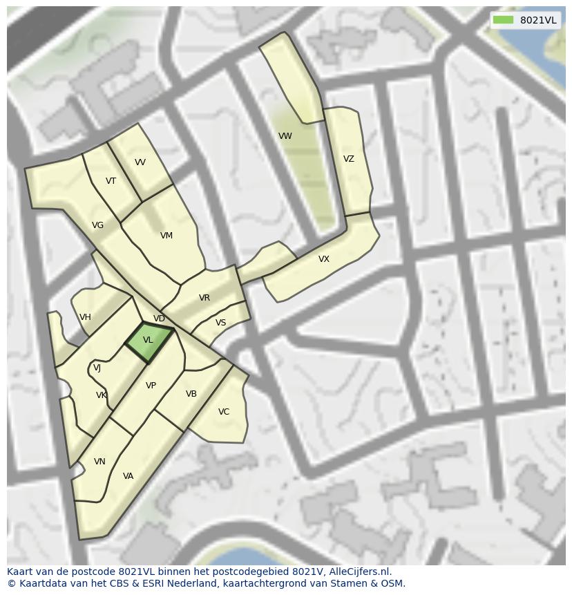 Afbeelding van het postcodegebied 8021 VL op de kaart.