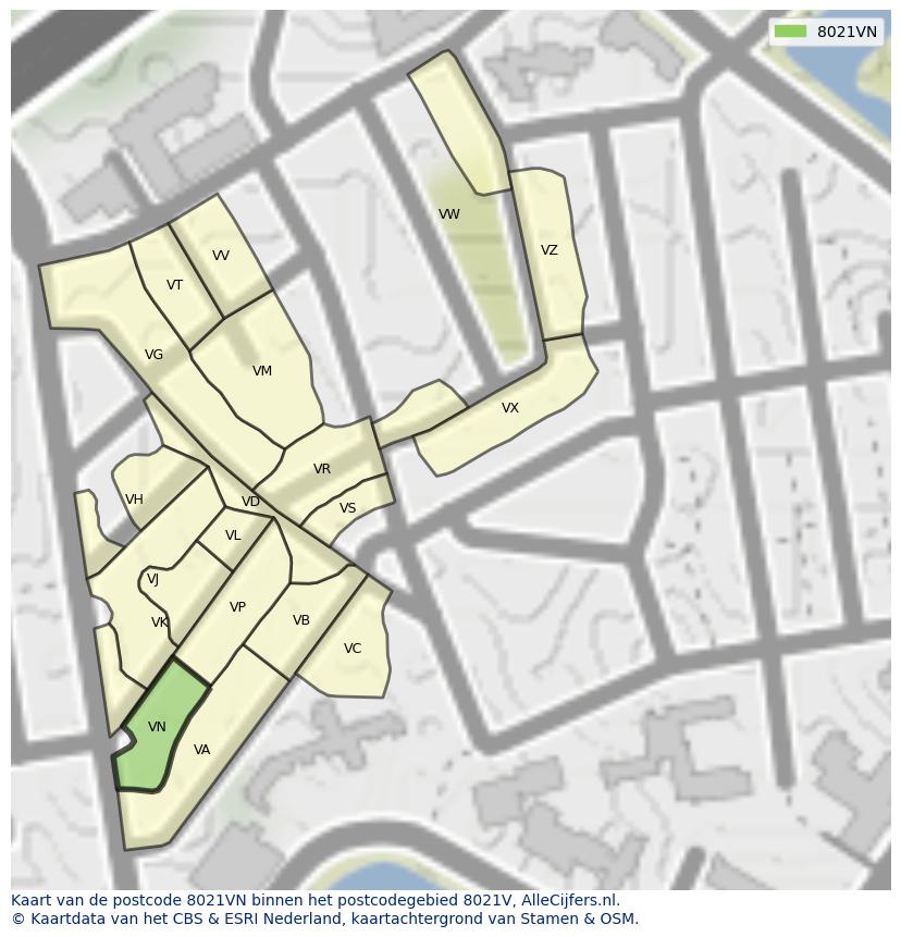 Afbeelding van het postcodegebied 8021 VN op de kaart.