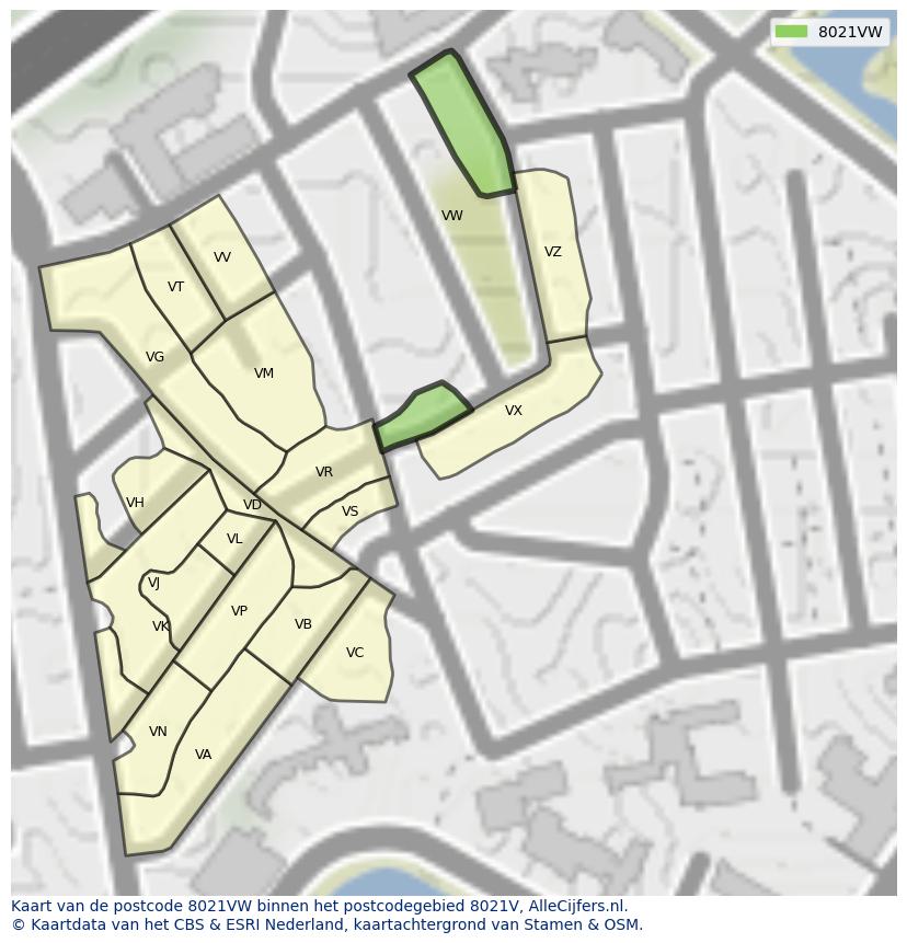Afbeelding van het postcodegebied 8021 VW op de kaart.