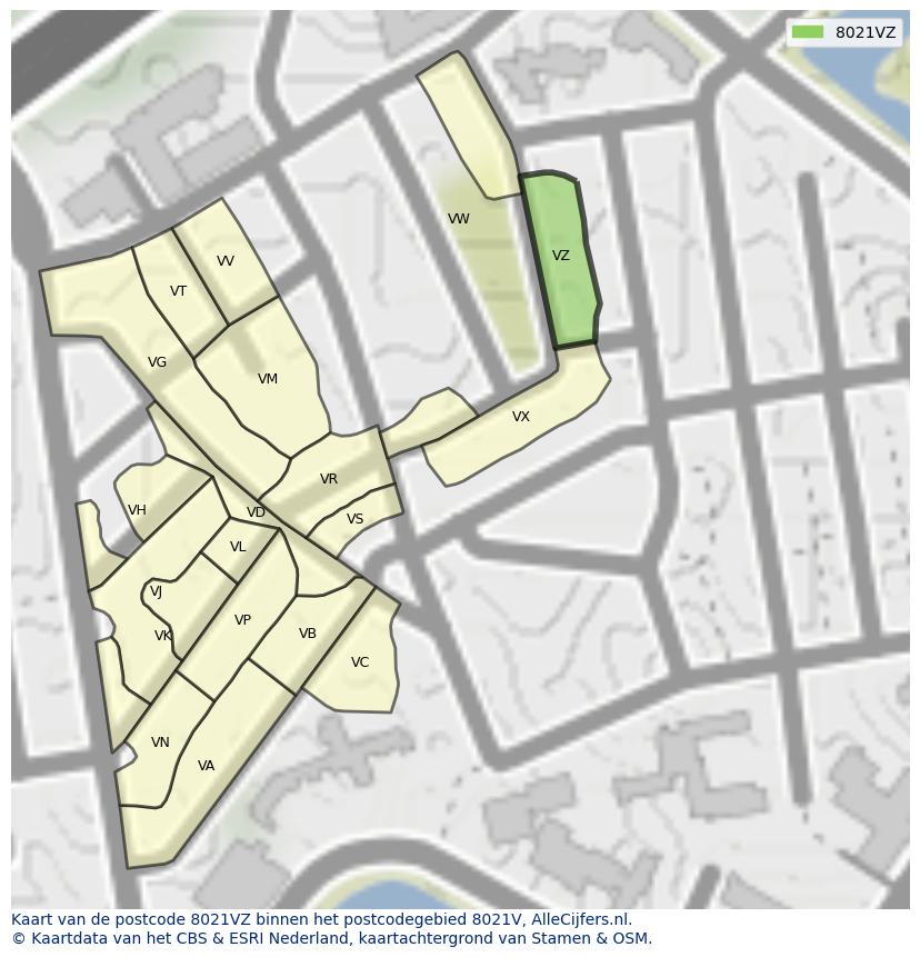 Afbeelding van het postcodegebied 8021 VZ op de kaart.
