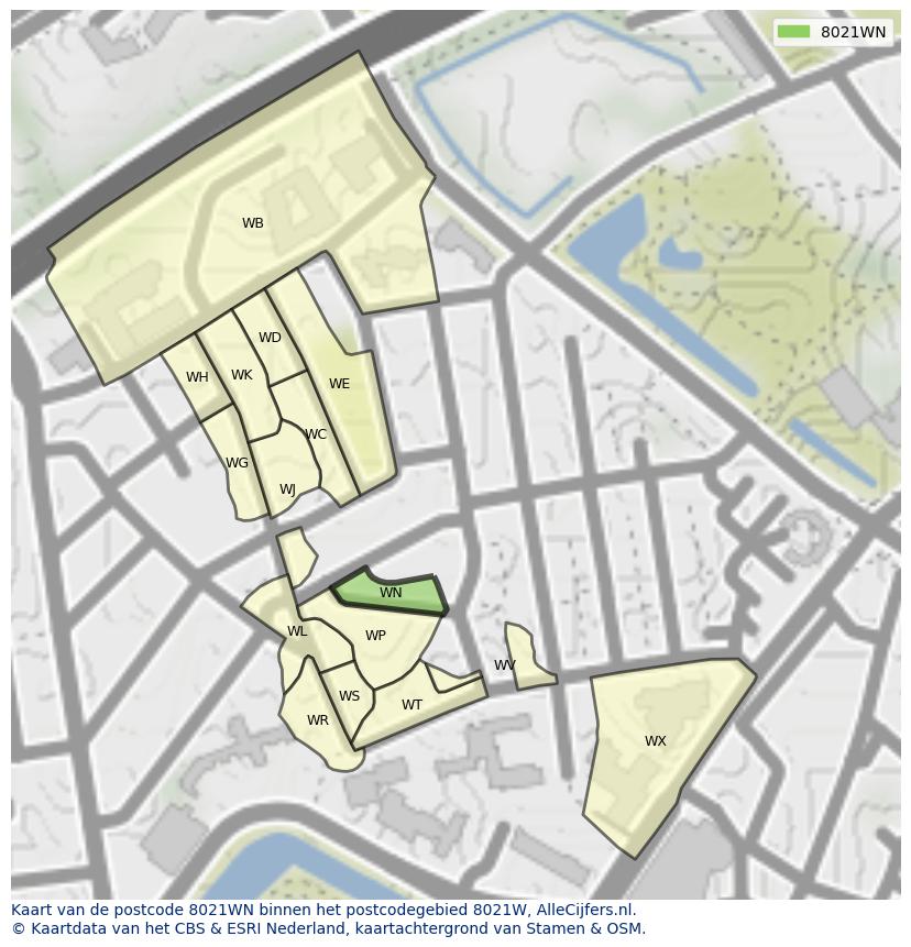 Afbeelding van het postcodegebied 8021 WN op de kaart.