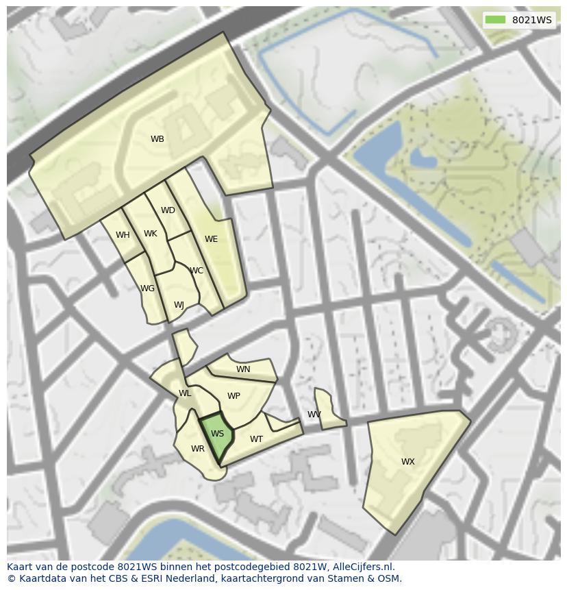 Afbeelding van het postcodegebied 8021 WS op de kaart.