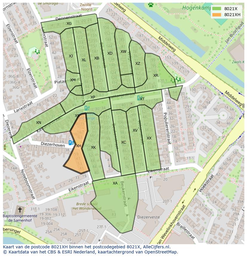 Afbeelding van het postcodegebied 8021 XH op de kaart.