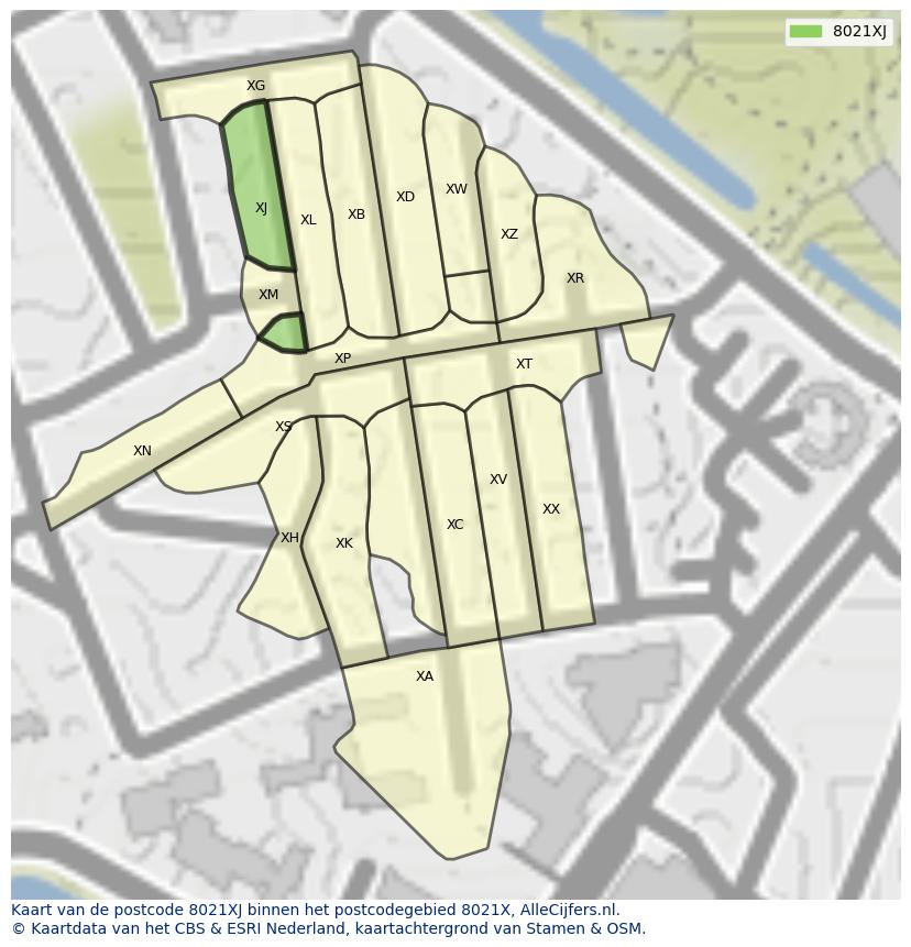 Afbeelding van het postcodegebied 8021 XJ op de kaart.