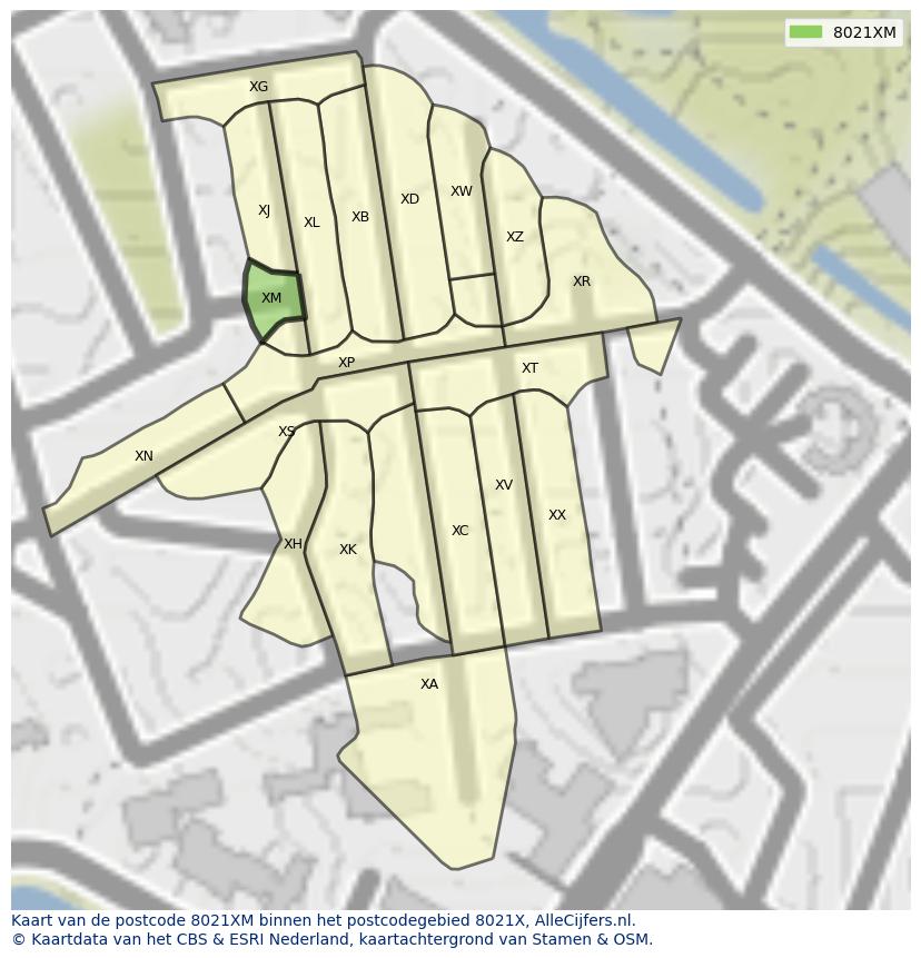 Afbeelding van het postcodegebied 8021 XM op de kaart.