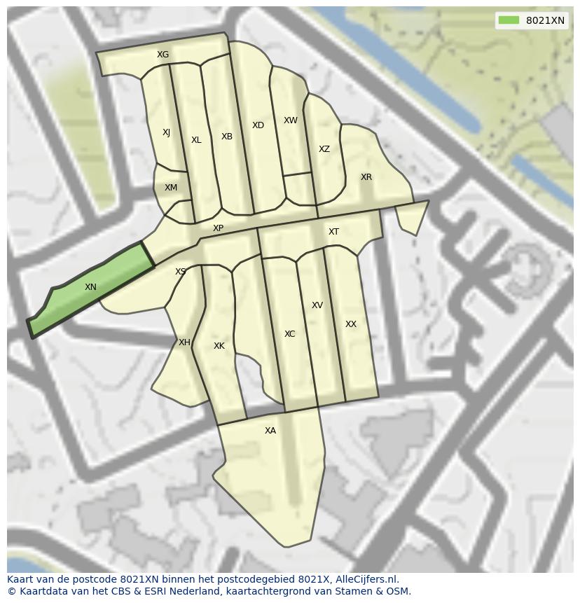 Afbeelding van het postcodegebied 8021 XN op de kaart.