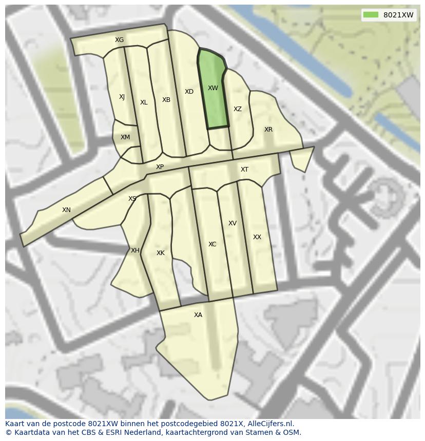 Afbeelding van het postcodegebied 8021 XW op de kaart.