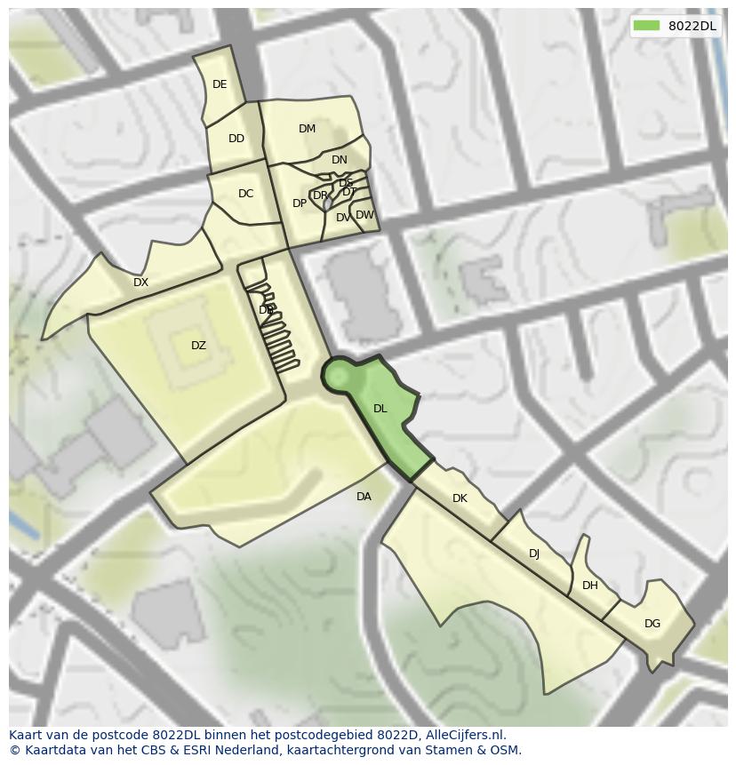 Afbeelding van het postcodegebied 8022 DL op de kaart.