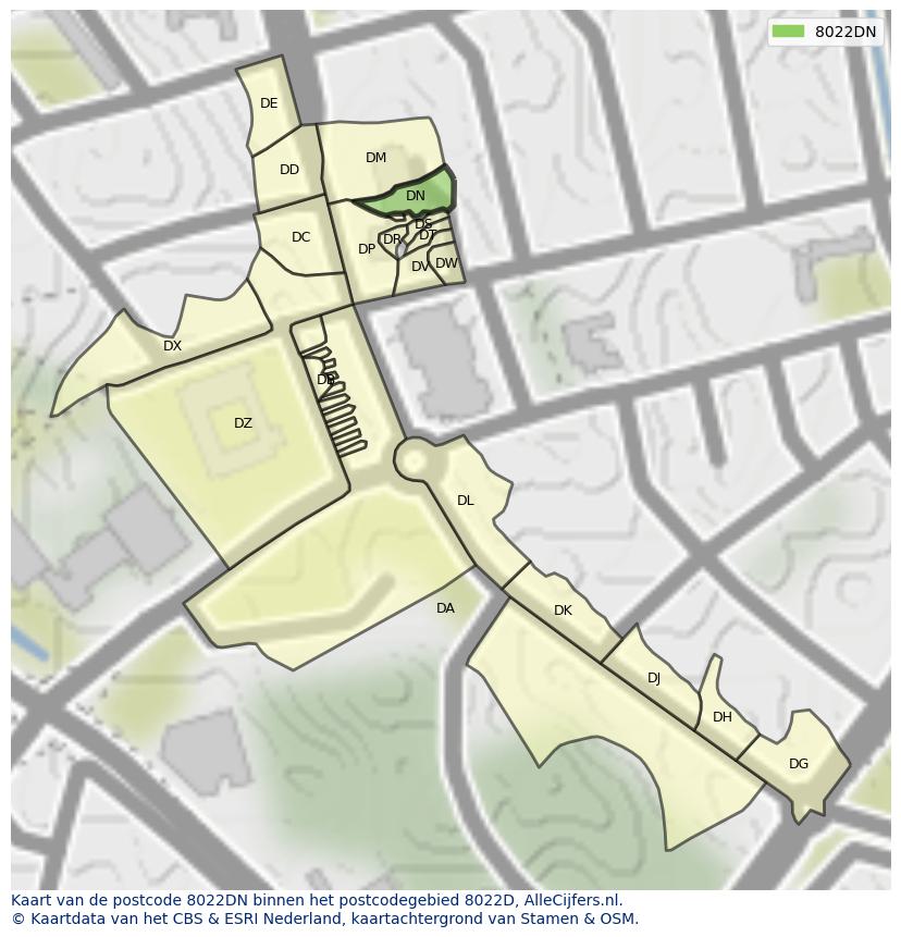 Afbeelding van het postcodegebied 8022 DN op de kaart.