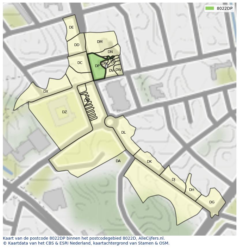 Afbeelding van het postcodegebied 8022 DP op de kaart.
