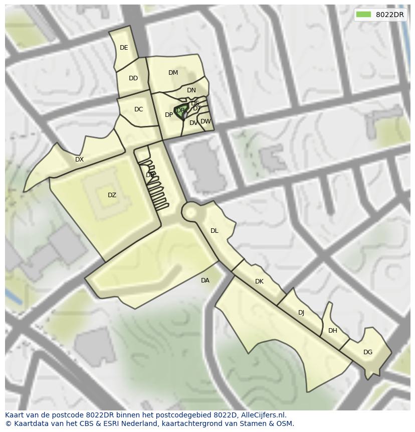 Afbeelding van het postcodegebied 8022 DR op de kaart.