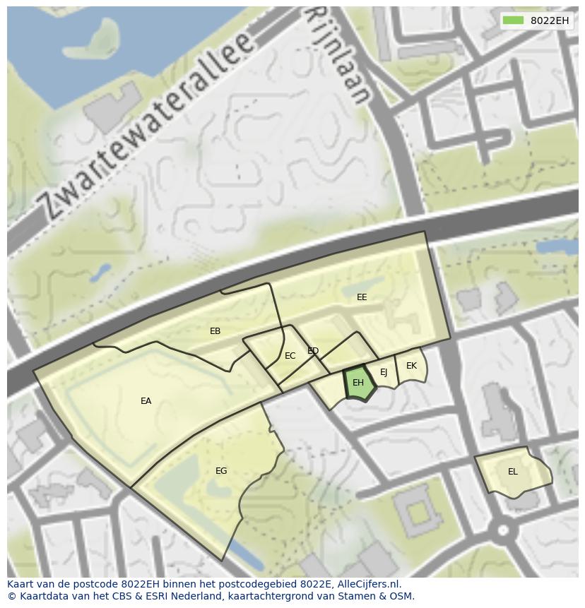 Afbeelding van het postcodegebied 8022 EH op de kaart.